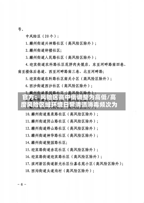 官方:风险区高中低调整为高低/高度风险区域环境日常清洁消毒频次为-第2张图片